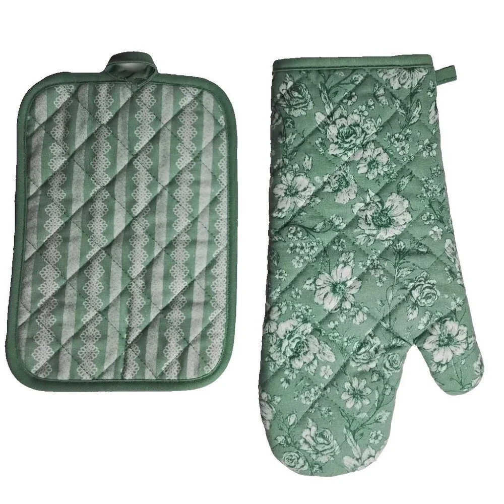 Pioneer Woman Agatha Oven Mitt & Pot Holder 2pc Set Floral Green 7
